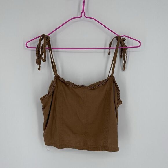 Aerie Linen Corset Tank Top Cropped Ruched Ruffle Edging Brown Size Medium - Picture 2 of 11